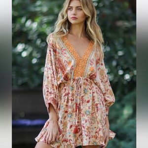 Women’s Tan Print Bohemian Dolman Sleeve Romper NWT